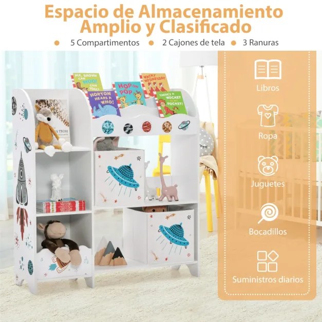 Armário organizador para crianças com 3 níveis, 5 compartimentos e 2 gavetas de tecido para brinquedos e livros 93 x 30 x 102 cm Tema foguetão