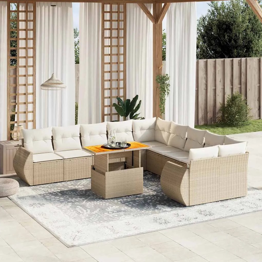 11 pcs conjunto sofás de jardim c/ almofadões vime PE bege