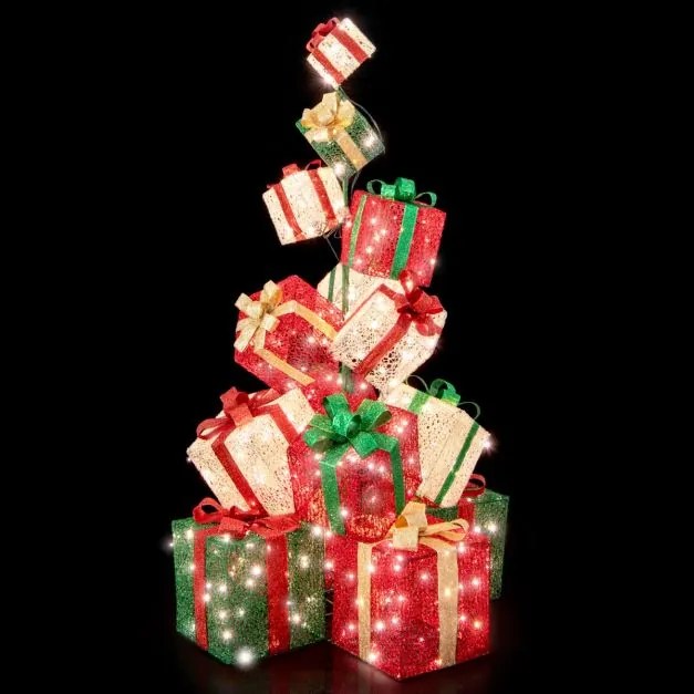 Torre de 170 cm de 15 caixas de presente iluminadas com 450 luzes brancas quentes Base em metal vermelho + azul + dourado
