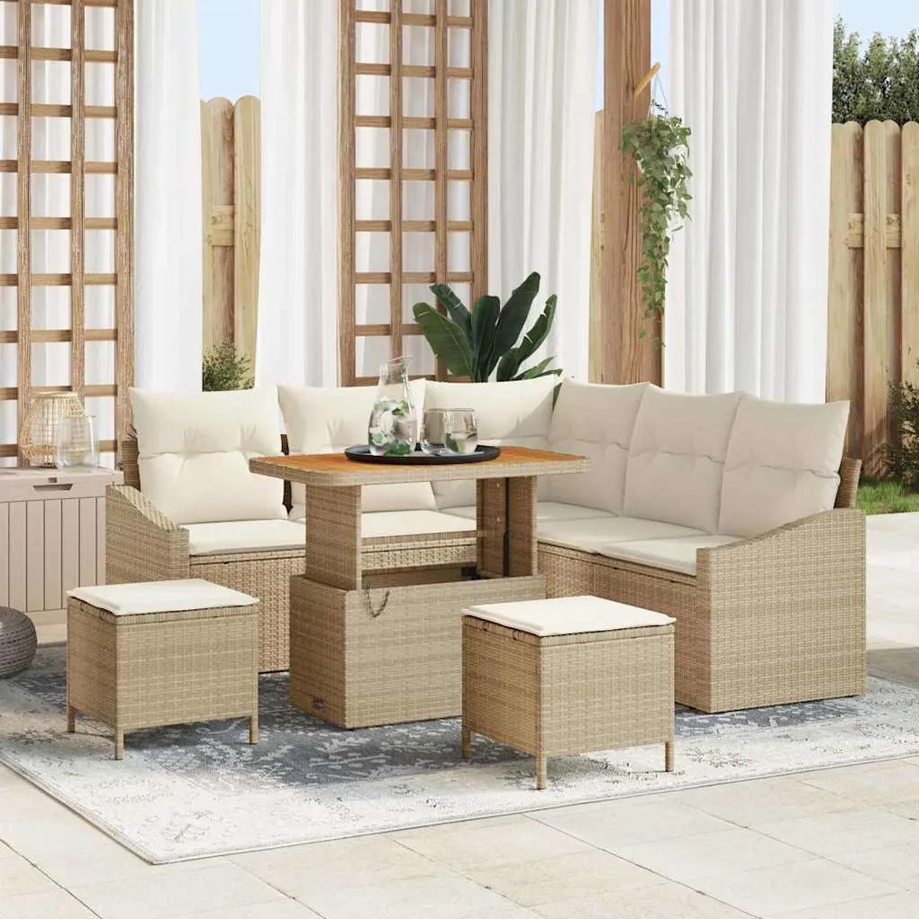 vidaXL Sofá de Jardim em 8 Peças com Almofadas Bege em Rattan Sintético e Madeira de Acácia