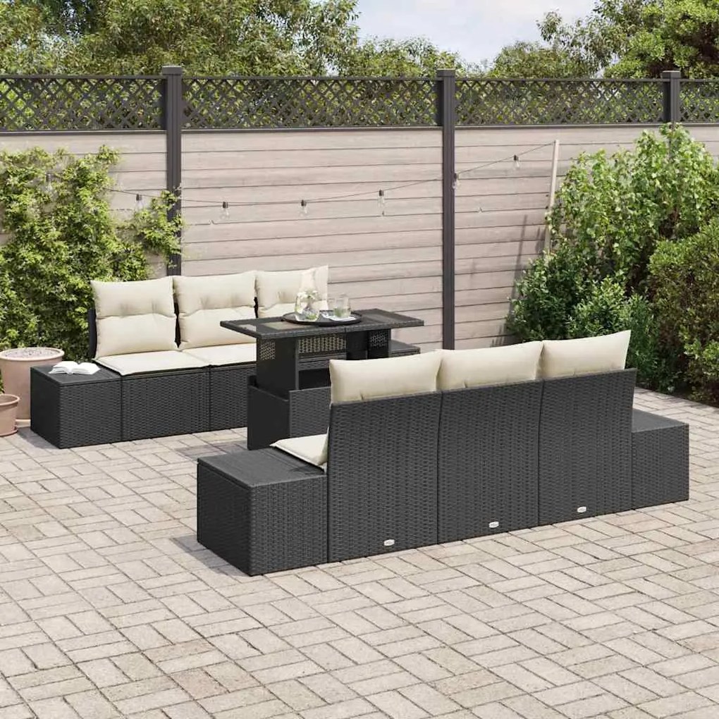 Conjunto de sofá de jardim com 7 peças e almofadas de rattan preto