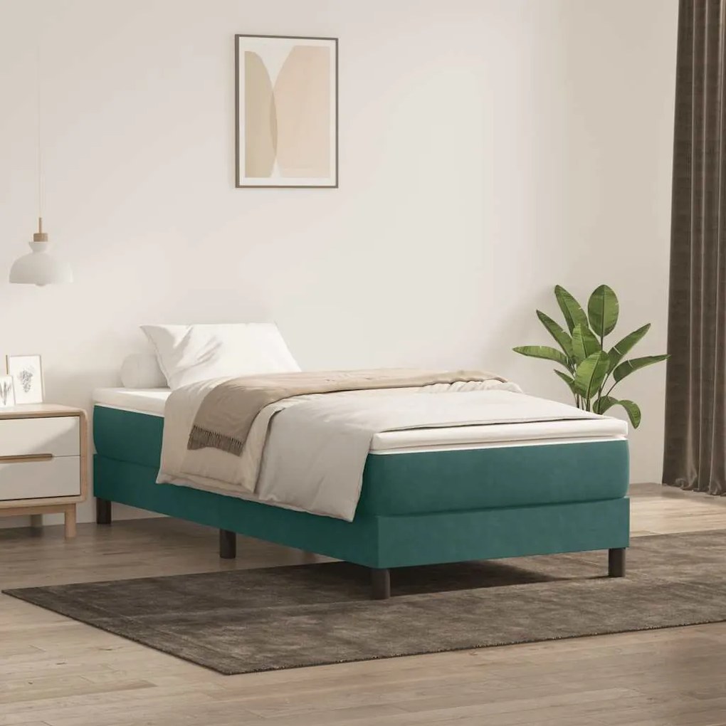 vidaXL Cama com molas/colchão 100x210 cm veludo verde-escuro