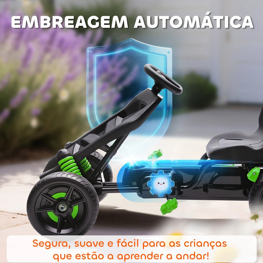 Kart a Pedais para Crianças com Embraiagem Automática Travão e Rodas Antiderrapantes em EVA 100x59x60,5 cm Verde
