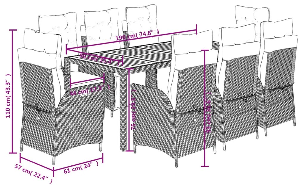 9 pcs conjunto de jantar p/ jardim c/ almofadões vime PE preto