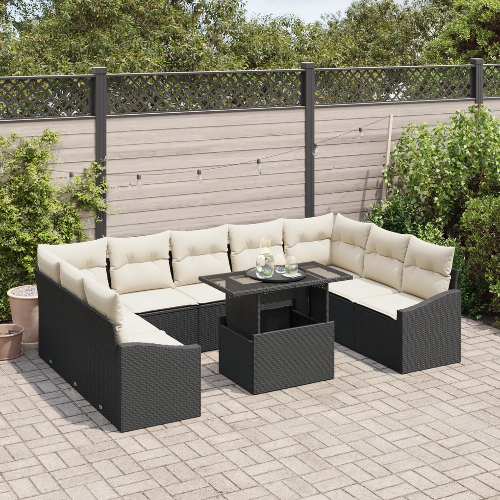 Conjunto de Sofá de Jardim com Almofadas em Rattan Preto - 10 Peças