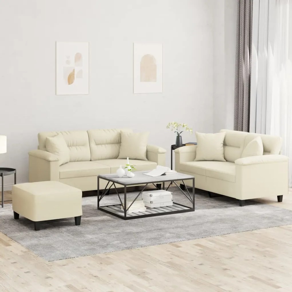 3 pcs conjunto de sofás com almofadas couro artificial creme