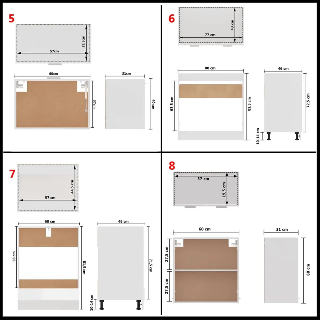 8 pcs conj. armários de cozinha contraplacado branco brilhante