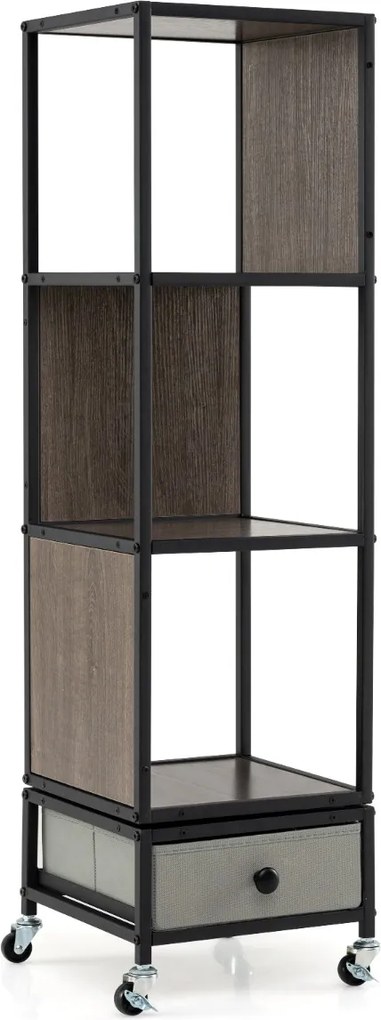 Estante giratória de 4 prateleiras 30 x 30 x 111 cm com rodas de 360°, gaveta estreita removível em tecido e madeira para sala de estar, quarto ou esc