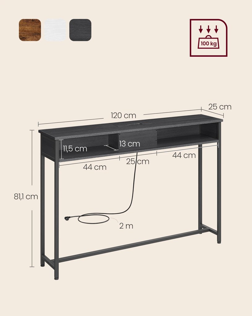 Mesa consola com 2 tomadas e 2 portas USB 25 x 120 x 81,1 cm Preto antracite e cinzento