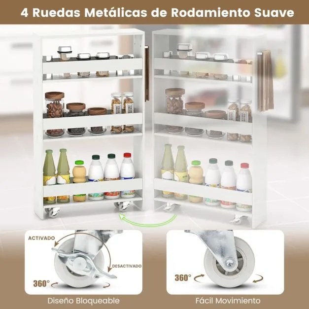 Carrinho de armazenamento estreito para cozinha com 4 prateleiras e rodas 48 x 13 x 81 cm Branco