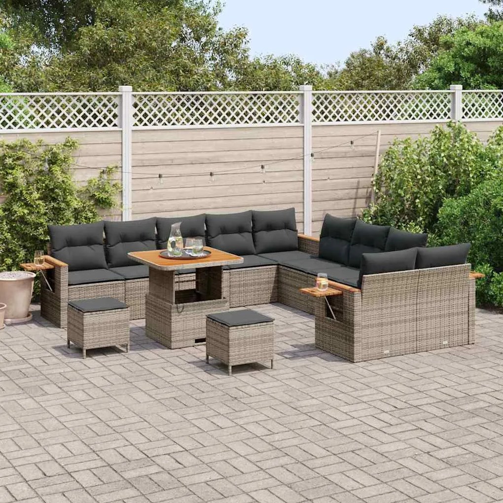 Conjunto de Sofá de Jardim vidaXL com Almofadas Cinza Rattan Poliéster