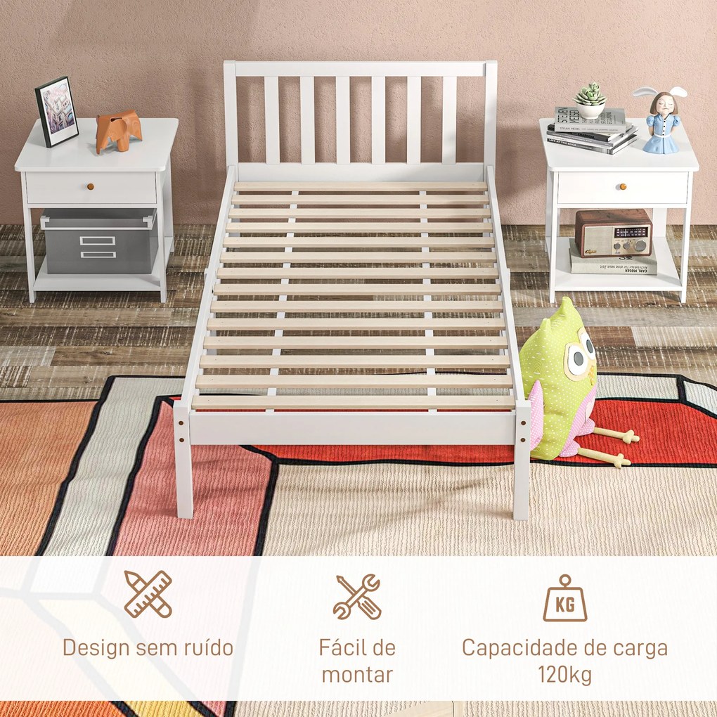 Estrutura de Cama de Madeira Estrado de Cama de Solteiro para Colchão 190x90 cm (NÃO INCLUIDO) Carga 120 kg 198x96x70 cm Branco