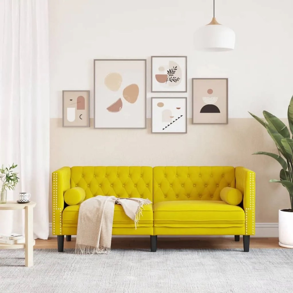 Sofá chesterfield com rolos 2 lugares veludo amarelo