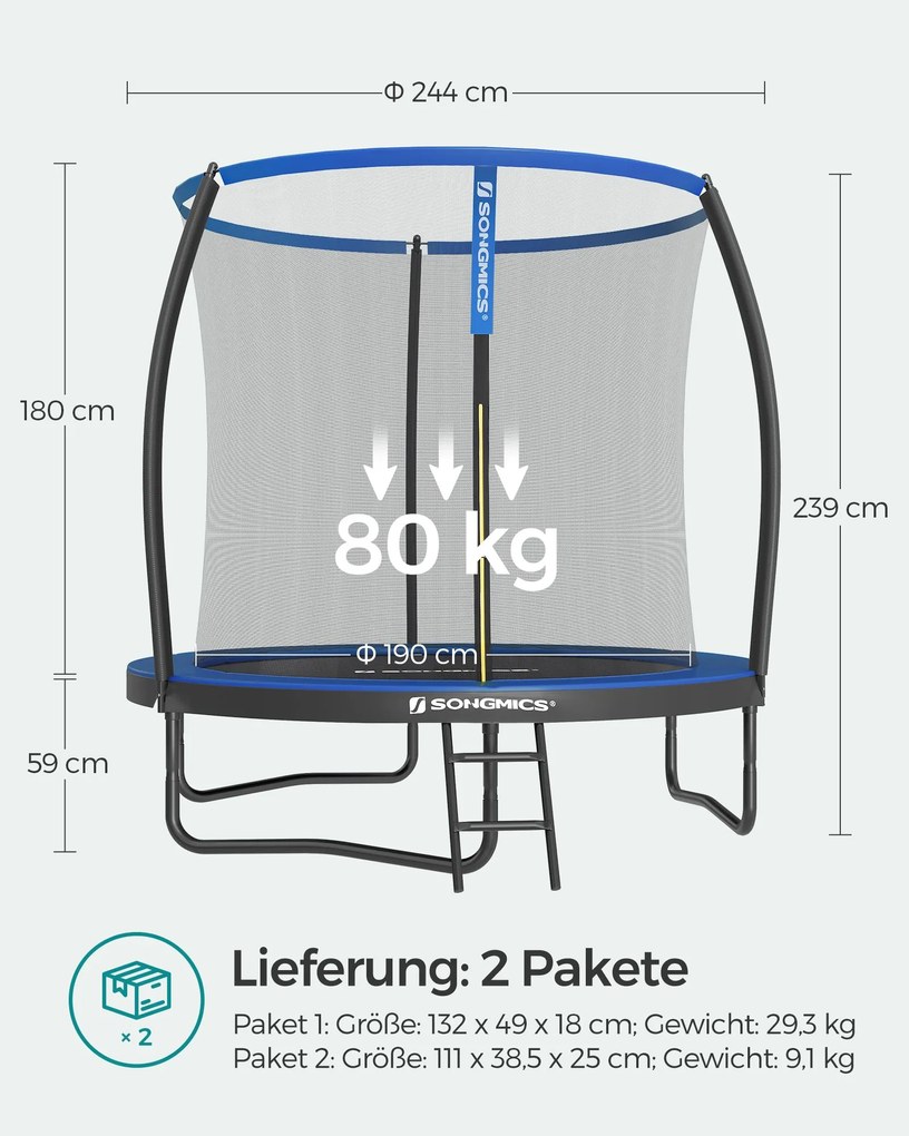 Trampolim de jardim com rede Ø 244 cm Azul