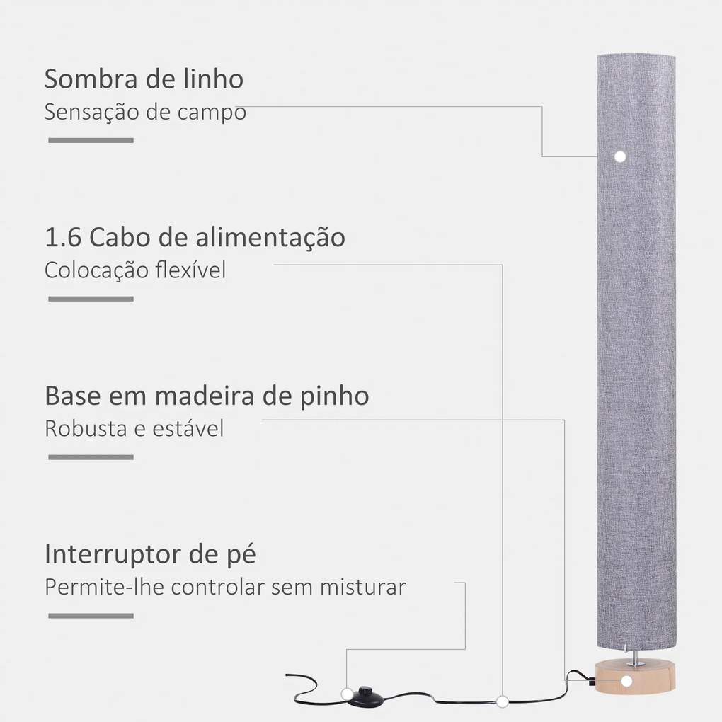 Candeeiro de Pé Moderno Candeeiro de Sala 40 W E27 com Cobertura de Linho e Estrutura de Metal para Quarto Ø15x120 cm Cinza