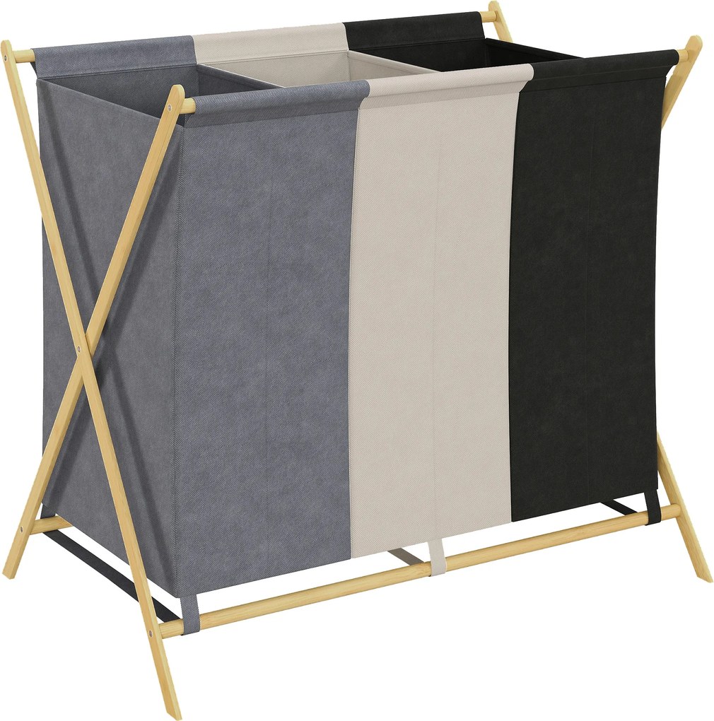 HOMCOM Cesto para Roupa Suja Dobrável com 3 Compartimentos Capacidade 129L com Estrutura de Bambu e Sacos Removíveis Multicolor | Aosom Portugal