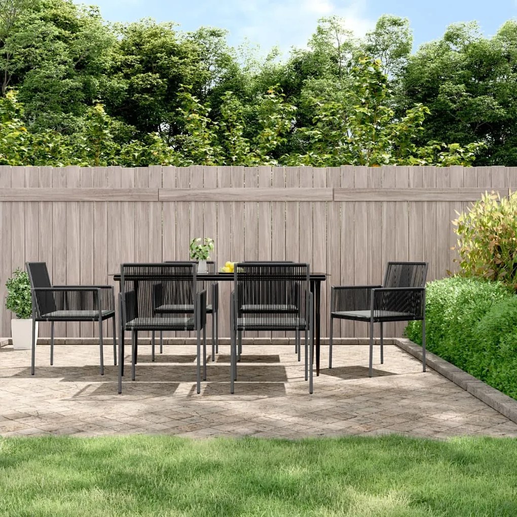 7 pcs conjunto jantar p/ jardim c/ almofadões vime PE/aço preto