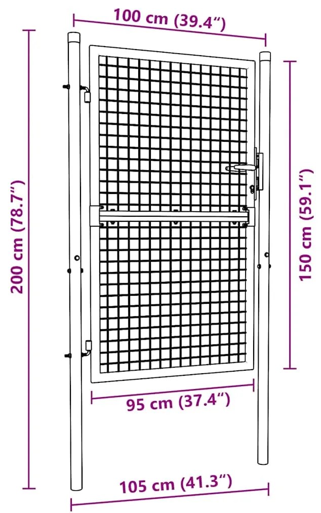 Portão de jardim em rede aço galvanizado 100x200 cm cinzento