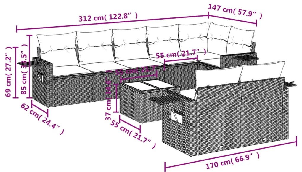 9 pcs conjunto de sofás p/ jardim com almofadões vime PE bege