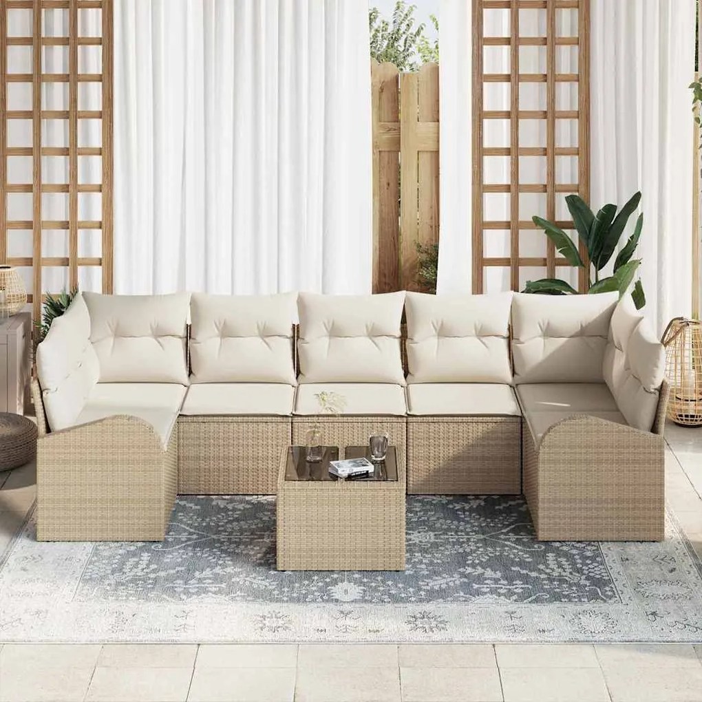 Conjunto de Sofá de Jardim de 8 Peças com Almofadas Bege Rattan Poliés