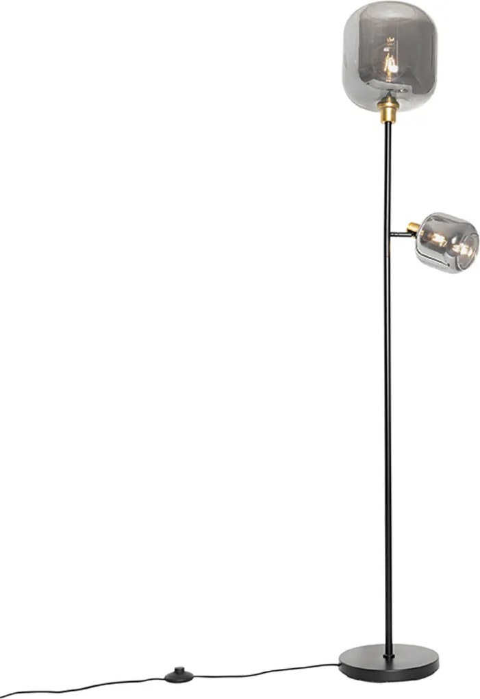 Candeeiro de pé preto com dourado e vidro fumê 2 luzes - Zuzanna