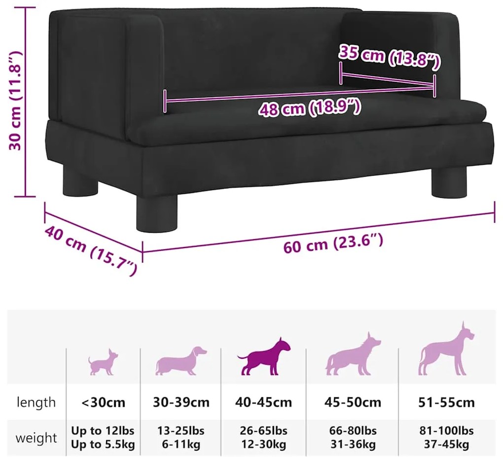 Cama para cães 60x40x30 cm veludo preto