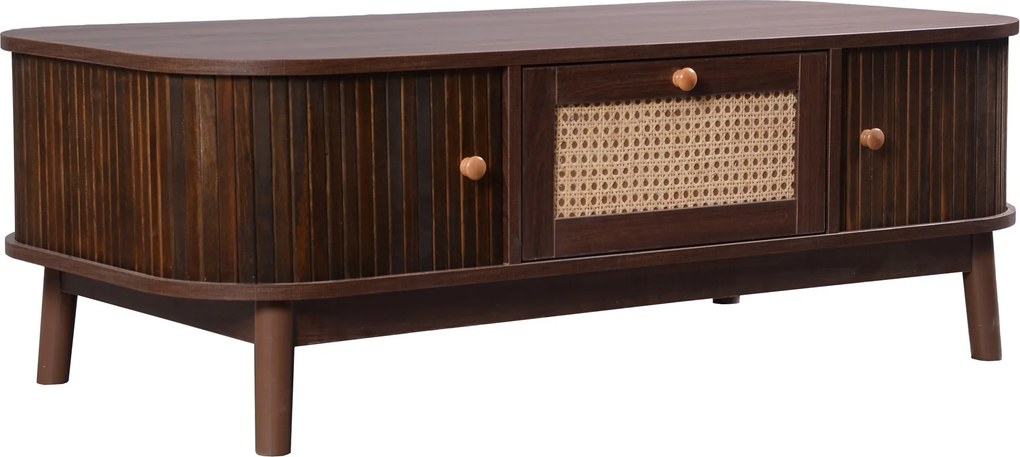 Mesa de Centro em Rattan com Gavetas e Portas em Ripas de Madeira,124x64x13,5cm, Cor natural