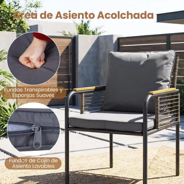 Conjunto Jardim de 3 peças de vime com almofadas, mesa retangular e cadeiras para varanda ou jardim castanho e cinza escuro