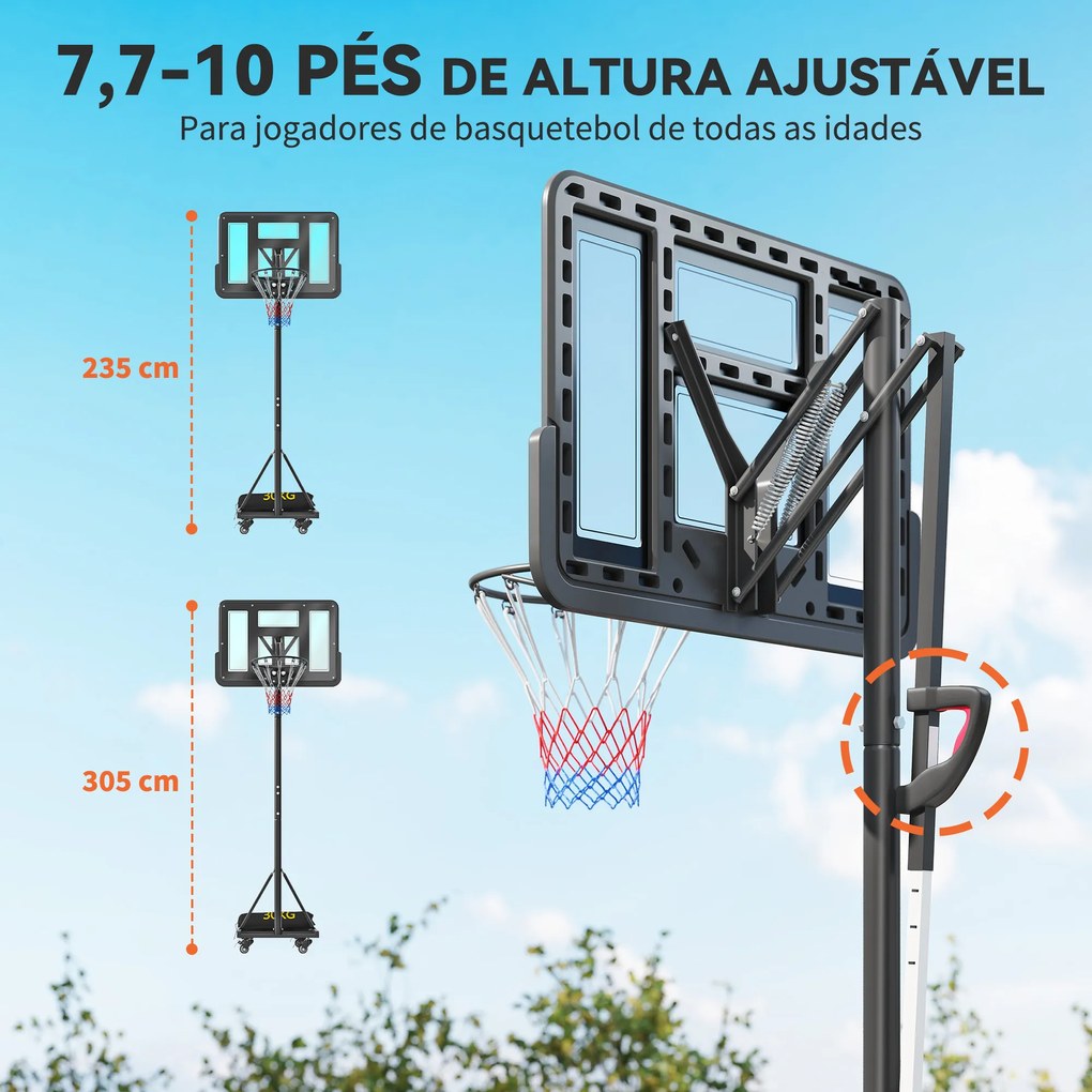 Cesto de basquetebol para Exterior com Altura Ajustável 235-305 cm Saco de Peso e Rodas Preto