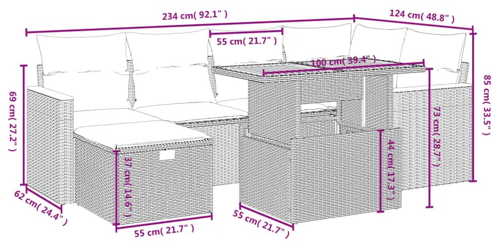 7 pcs conjunto de sofás p/ jardim c/ almofadões vime PE preto