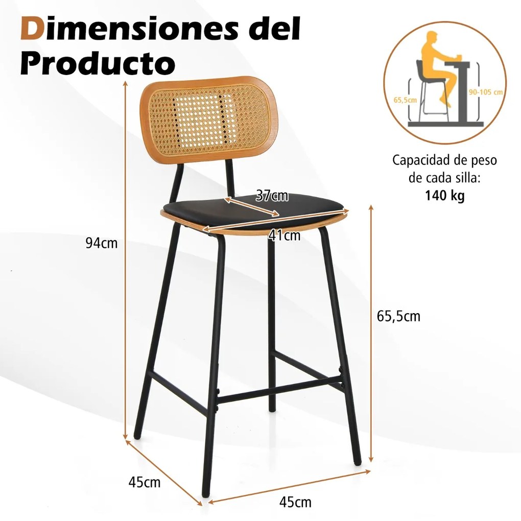 Conjunto de 2 bancos de bar em rattan com encosto e pernas em metal (MESA NÃO INCLUIDA) 45 x 45 x 94 cm Preto + Natural