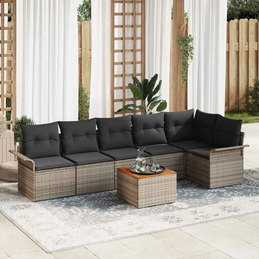 vidaXL Conjunto de Sofá de Jardim com 7 Peças e Almofadas Cinzas em Rattan Poly e Madeira de Acácia.