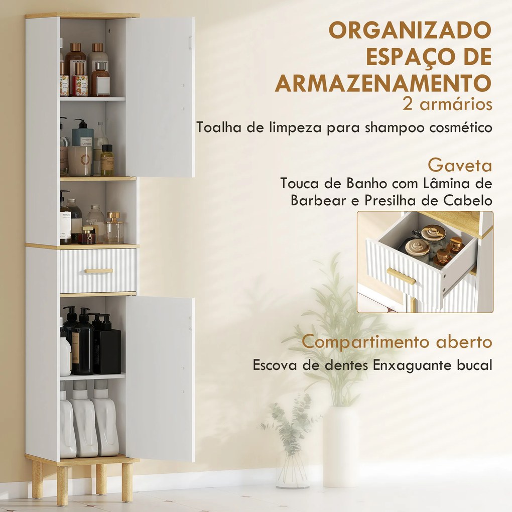 Coluna Estreita para Casa de Banho com Prateleiras Ajustáveis Gaveta e Compartimento Aberto 31,5x29,7x171,5 cm Branco