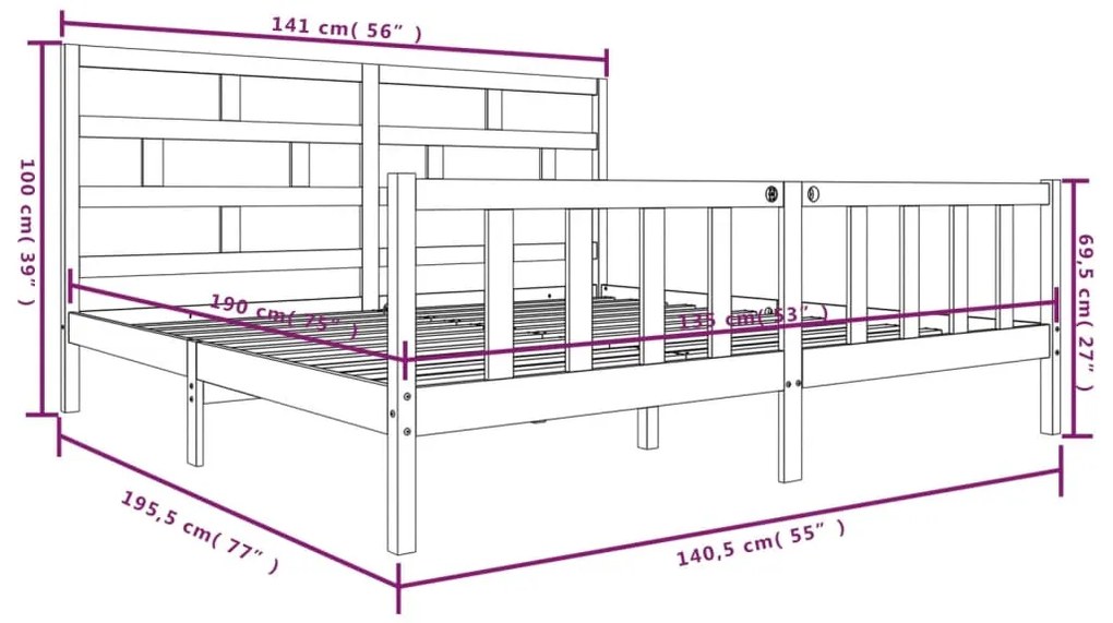 Estrutura de cama casal 135x190 cm pinho maciço preto