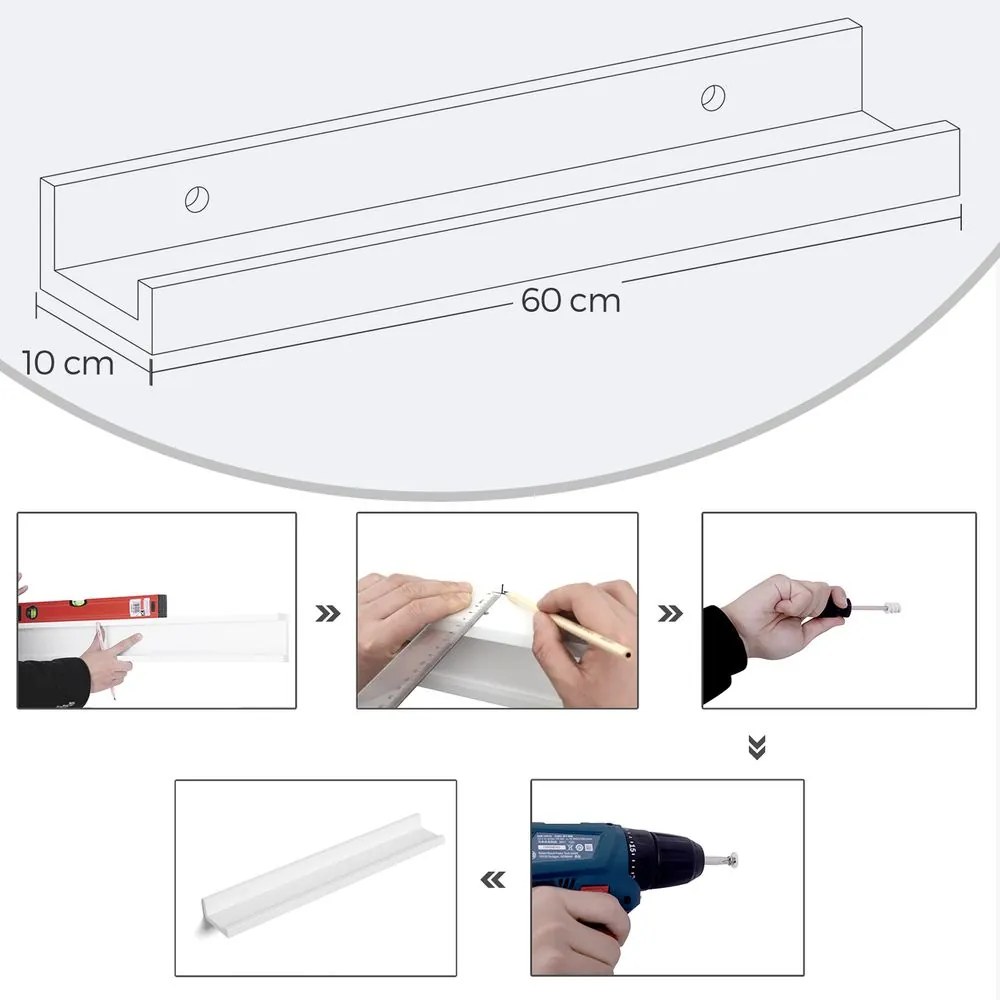 Conjunto de 2 prateleiras de parede suspensas para molduras e livros 10 x 60 x 5/2 cm Branco