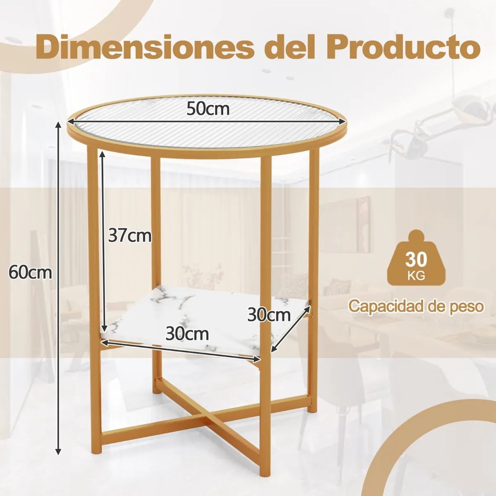 Mesas de centro ou lateral de 2 andares com prateleira de armazenamentos 50 x 50 x 60 cm Dourado e branco