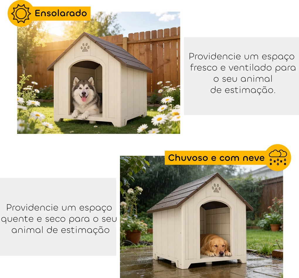 Casota para Cães Exterior Extragrande em Plástico com 2 Janelas, Base Elevada e Estacas Bege