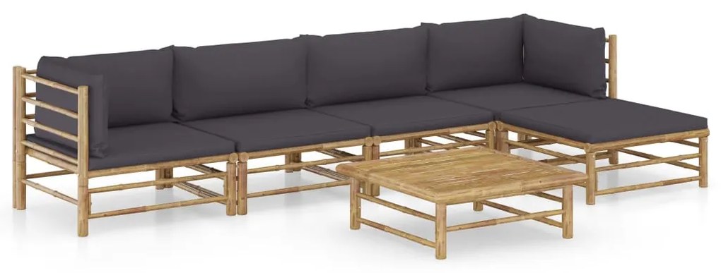 6 pcs conj. lounge jardim em bambu c/ almofadões cinza-escuro