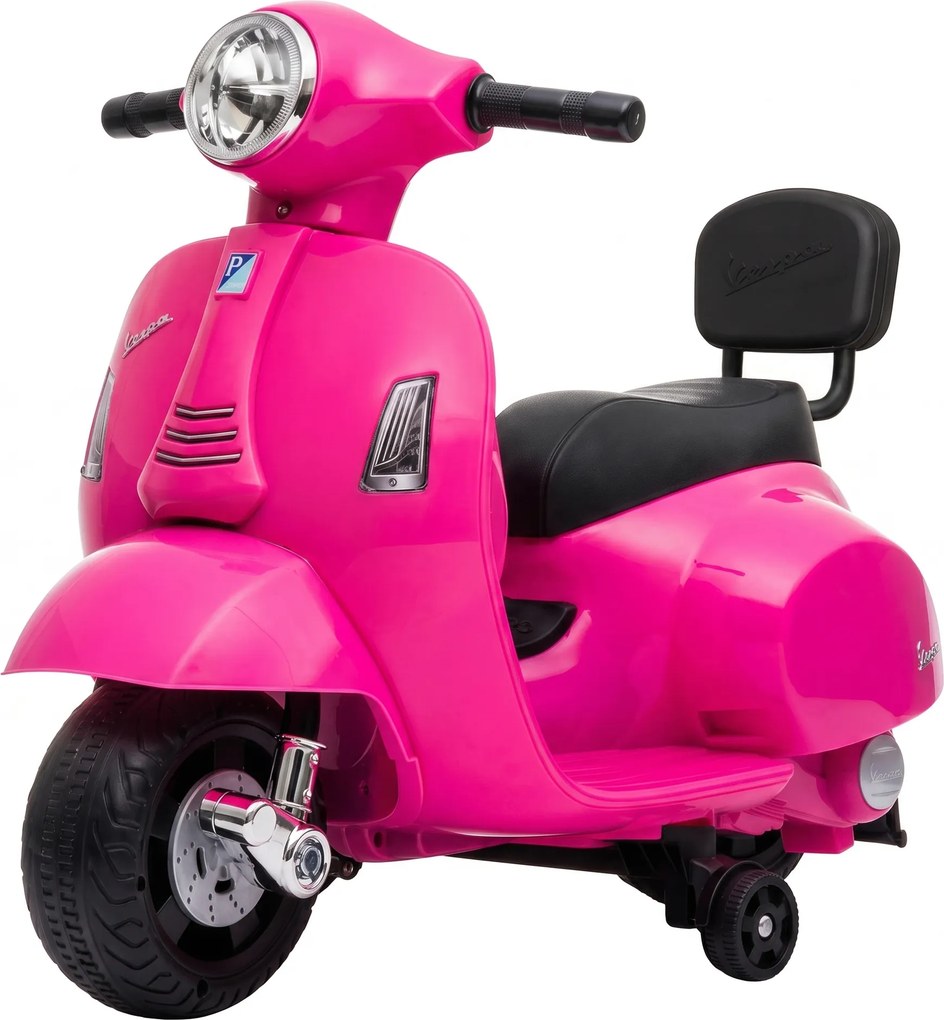 AIYAPLAY Mota Elétrica Infantil com Licença Mini Vespa GTS, 2 Rodas Auxiliares, Bateria de Lítio, Farol, Buzina, Encosto, Rosa | Aosom Portugal