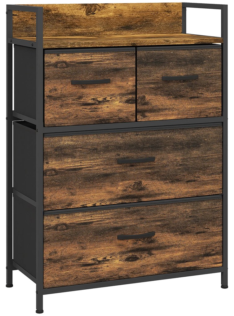 HOMCOM Cómoda de Quarto com 4 Gavetas Dobráveis Prateleira Aberta e Estrutura de Aço para Sala Entrada 60x29x85 cm Castanho Rústico