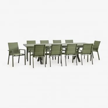 Conjunto De Mesa Extensível Retangular Karena 240-300x100 Cm E 10 Cadeiras De Jardim Empilháveis Com Braços De Alumínio Verde Azeitona Intenso - Sklum