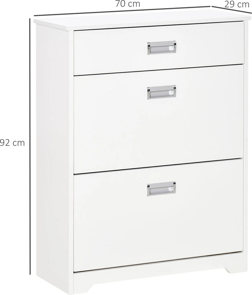 Sapateira com 2 gavetas rebatíveis, prateleira ajustável + 1 gaveta com capacidade para até 16 pares, 70 L x 29 L x 92 A, Branco