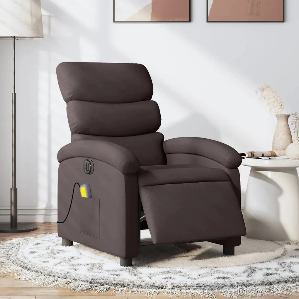 vidaXL Poltrona reclinável massagens elétrica tecido castanho-escuro