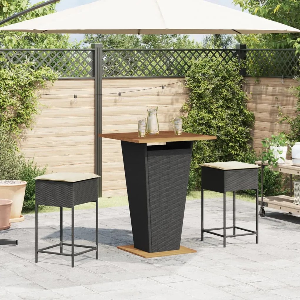 3 pcs conjunto de bar para jardim c/ almofadões vime PE preto