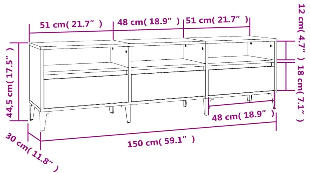 Móvel p/ TV 150x30x44,5 cm derivados madeira branco brilhante