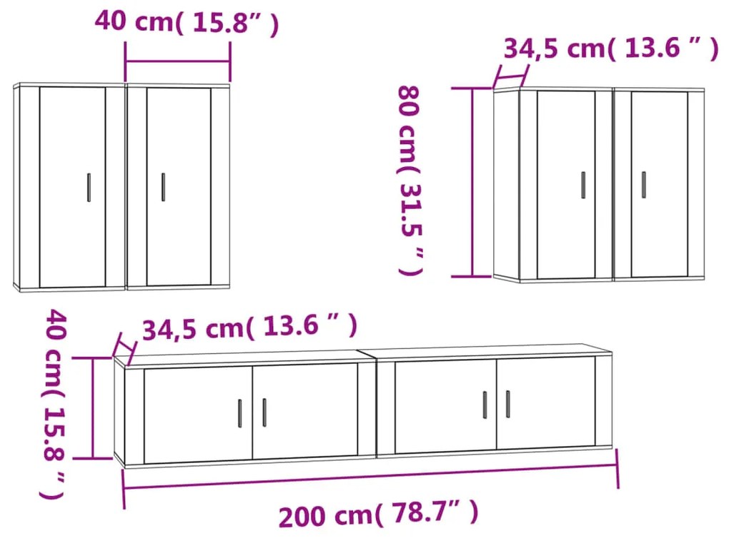 6 pcs conjunto móveis de TV madeira processada branco brilhante