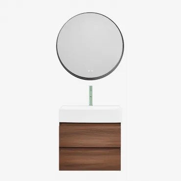 Conjunto De Móvel De Casa De Banho Em Madeira E Chapa De Freixo Com Lavatório Integrado Ona Madeira Escura & Redondo Led - Sklum
