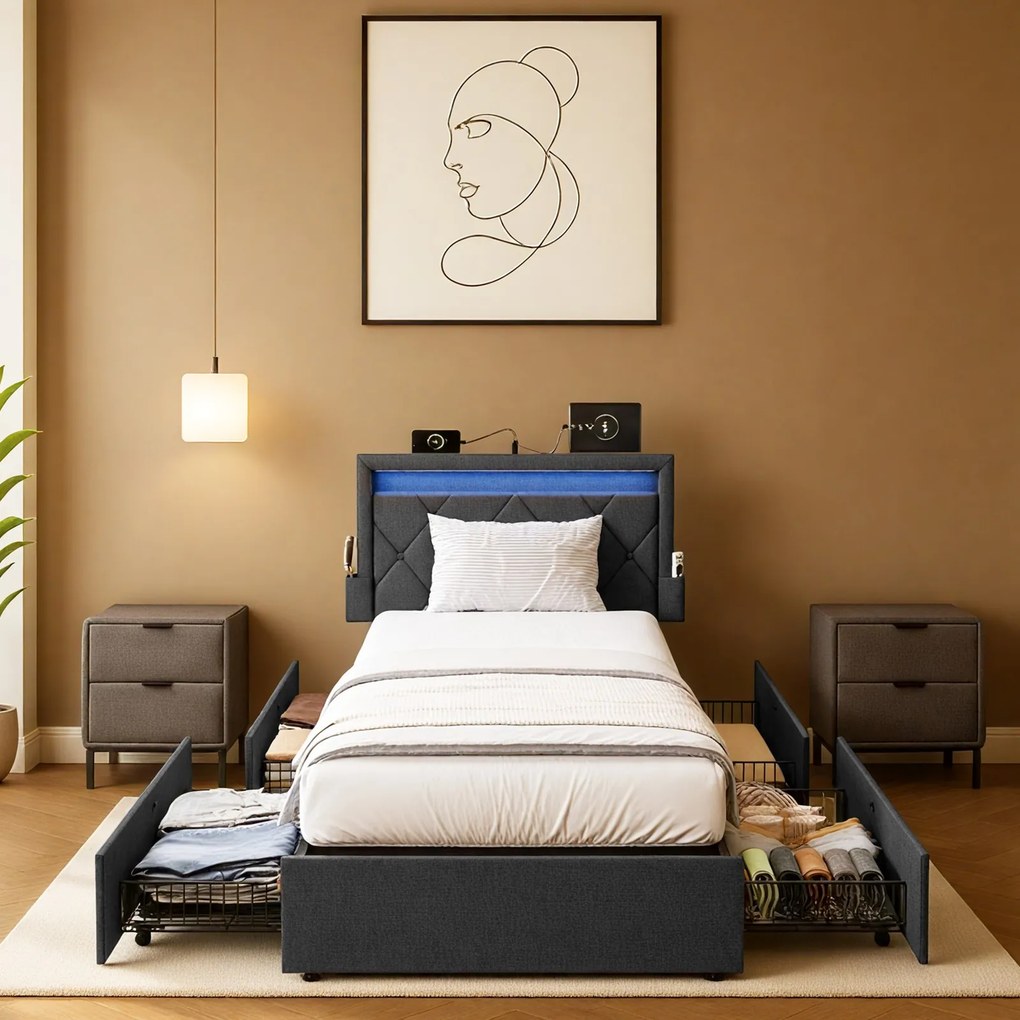 Estrutura de cama 90 x 200 cm (COLCHÃO NÃO INCLUIDO), com iluminação Led cinzenta