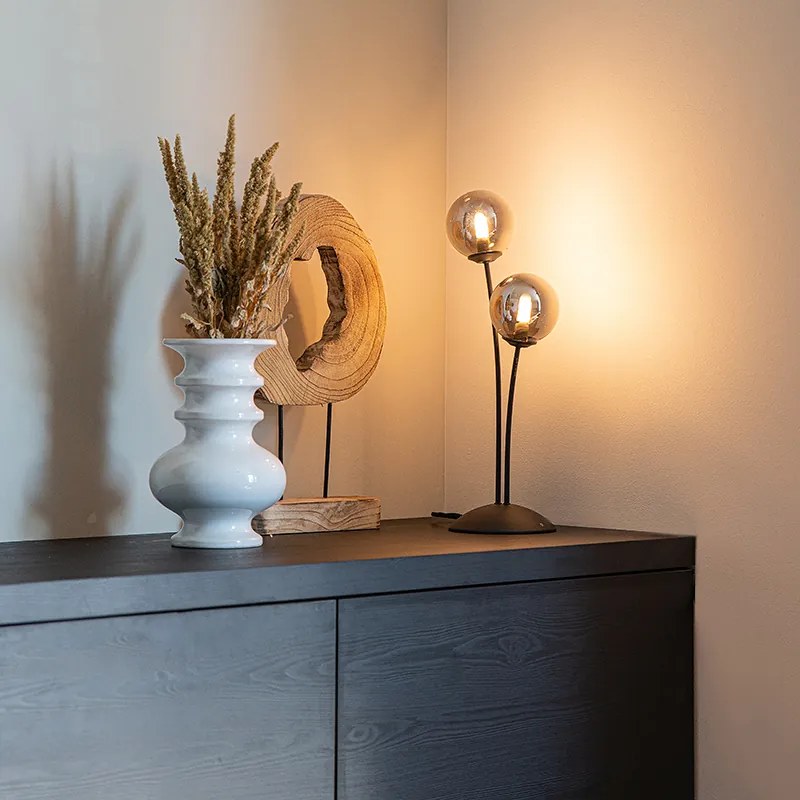 Candeeiro de mesa moderno preto 2 luzes com vidro fumê - Atenas