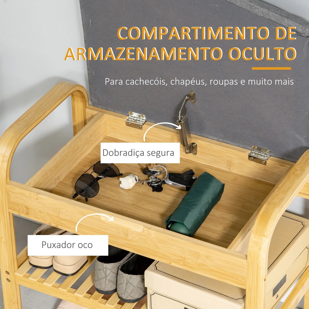 HOMCOM Banco Sapateiro de Bambú Banco para Sapatos com Prateleira Almofada Acolchoada Abatível e Espaço Oculto de Armazenamento para Entrada Corredor 60x33x50cm Natural